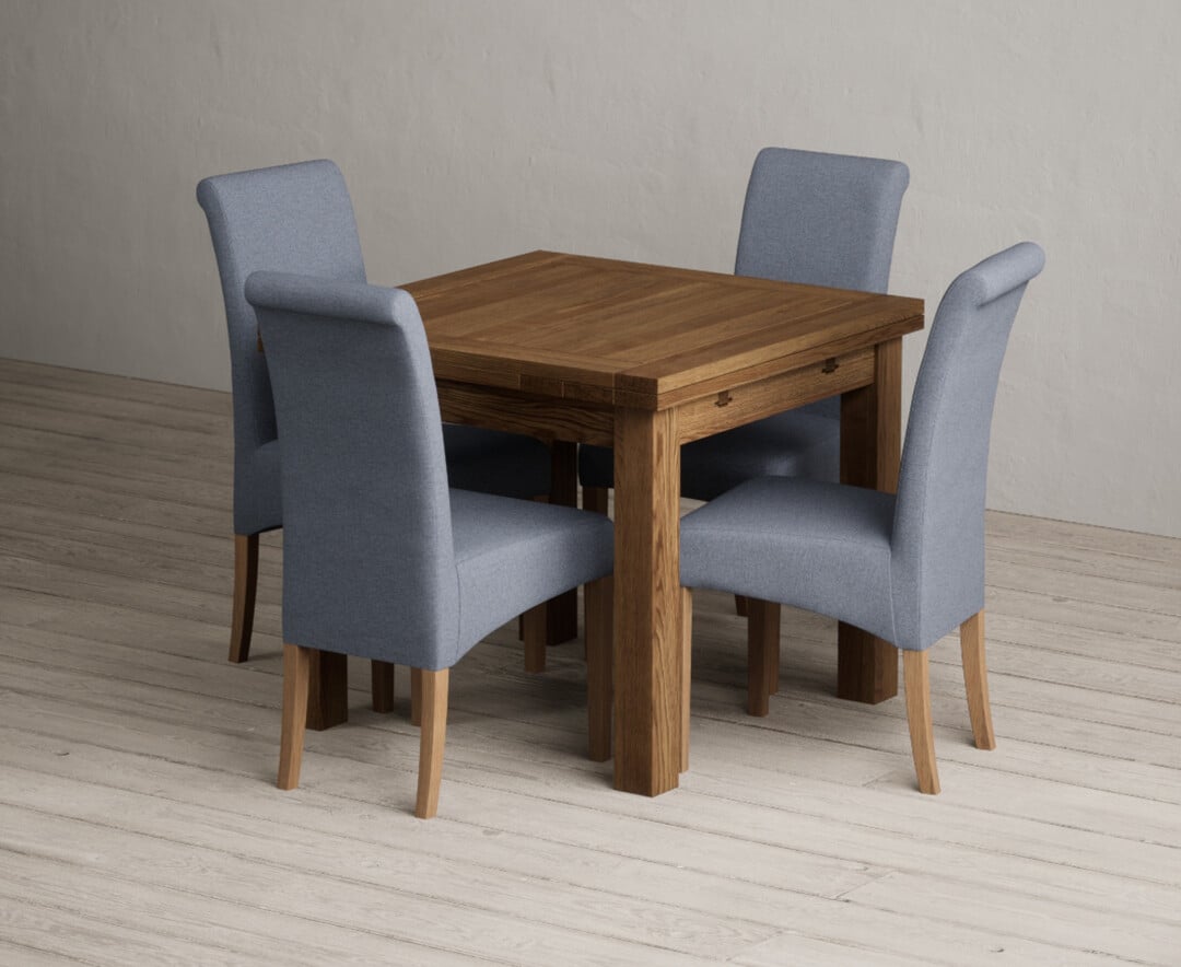 Extending Buxton 90cm Rustic Solid Oak Dining Table With 6 Charcoal Grey Scroll Back Chairs