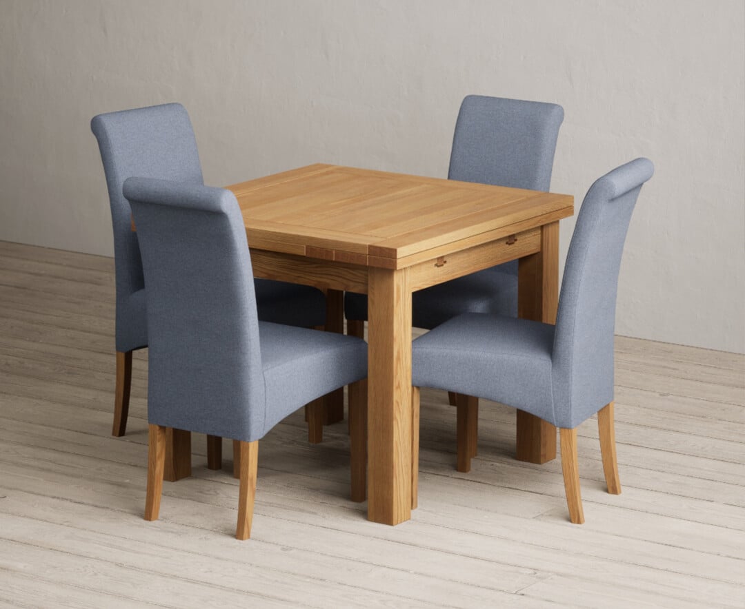 Extending Buxton 90cm Solid Oak Dining Table with 4 Grey Scroll Back Chairs