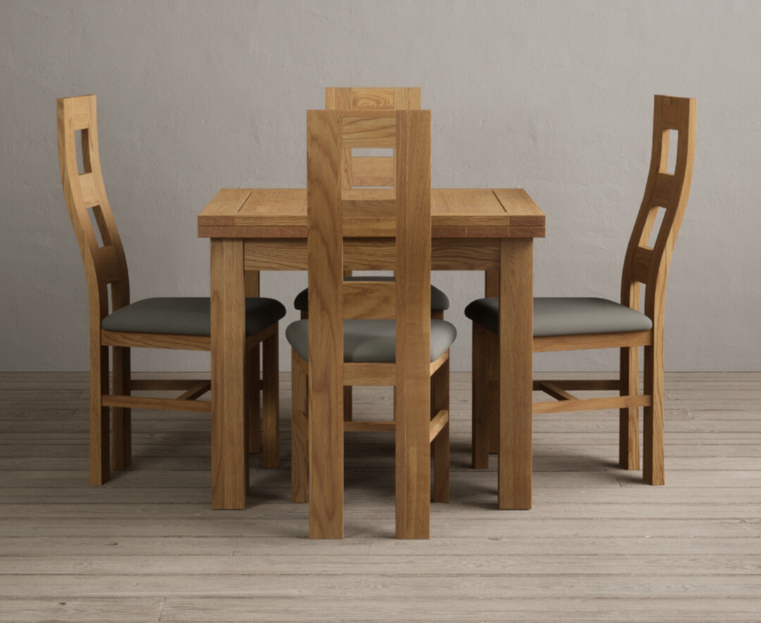 Extending Buxton 90cm Solid Oak Dining Table with 4 Grey Natural Solid Oak Chairs
