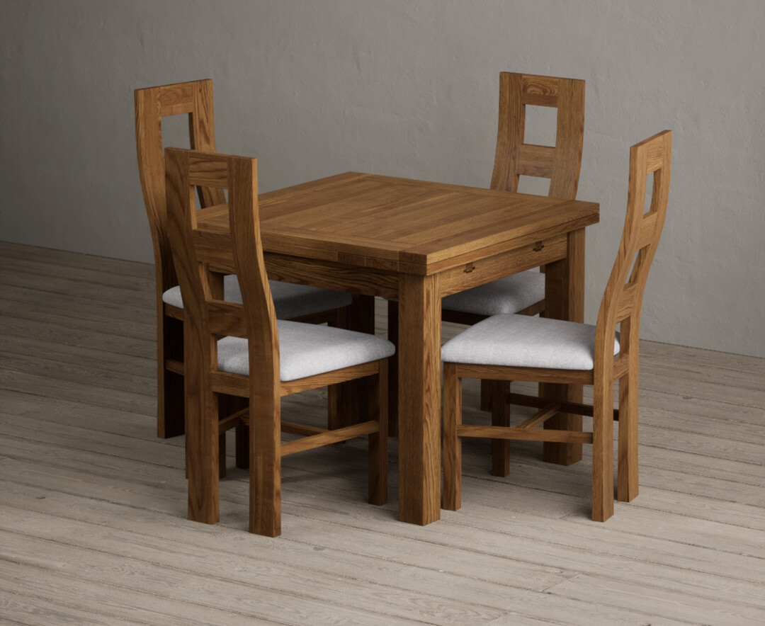 Extending Buxton 90cm Rustic Solid Oak Dining Table With 6 Charcoal Grey Rustic Solid Oak Chairs