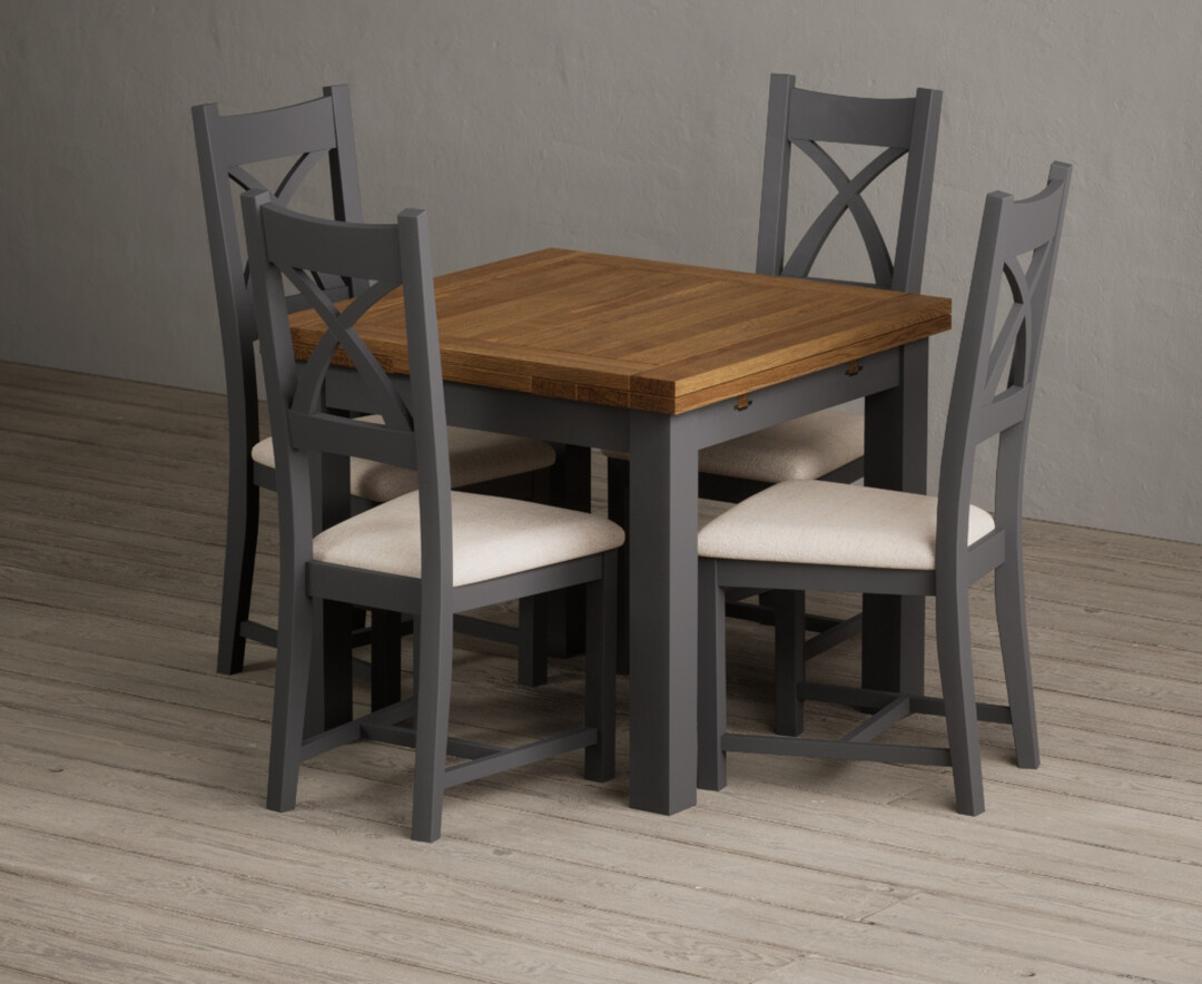 Extending Buxton 90cm Oak And Charcoal Grey Painted Dining Table With 6 Light Grey Painted Chairs