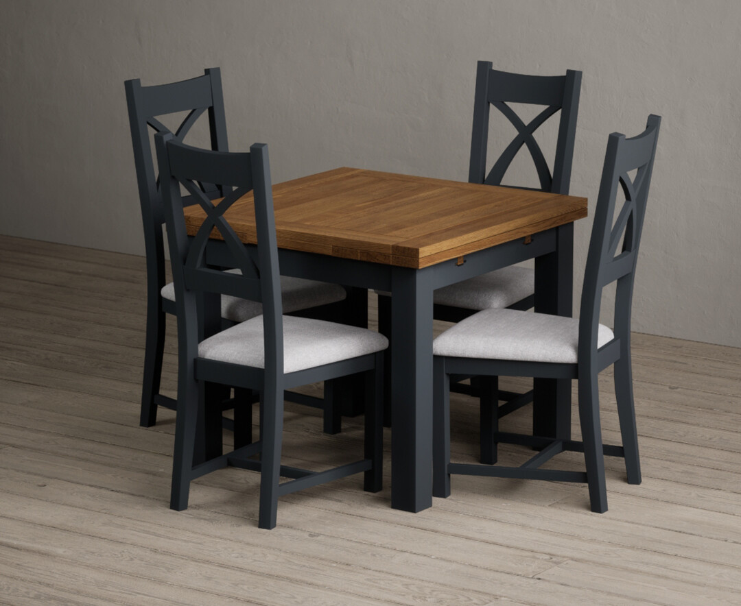 Extending Buxton 90cm Oak And Dark Blue Painted Dining Table With 4 Charcoal Grey Painted Chairs