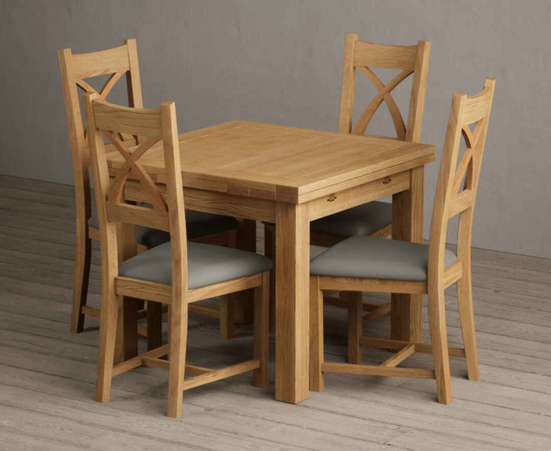 Extending Buxton 90cm Solid Oak Dining Table with 6 Grey Natural Solid Oak Chairs