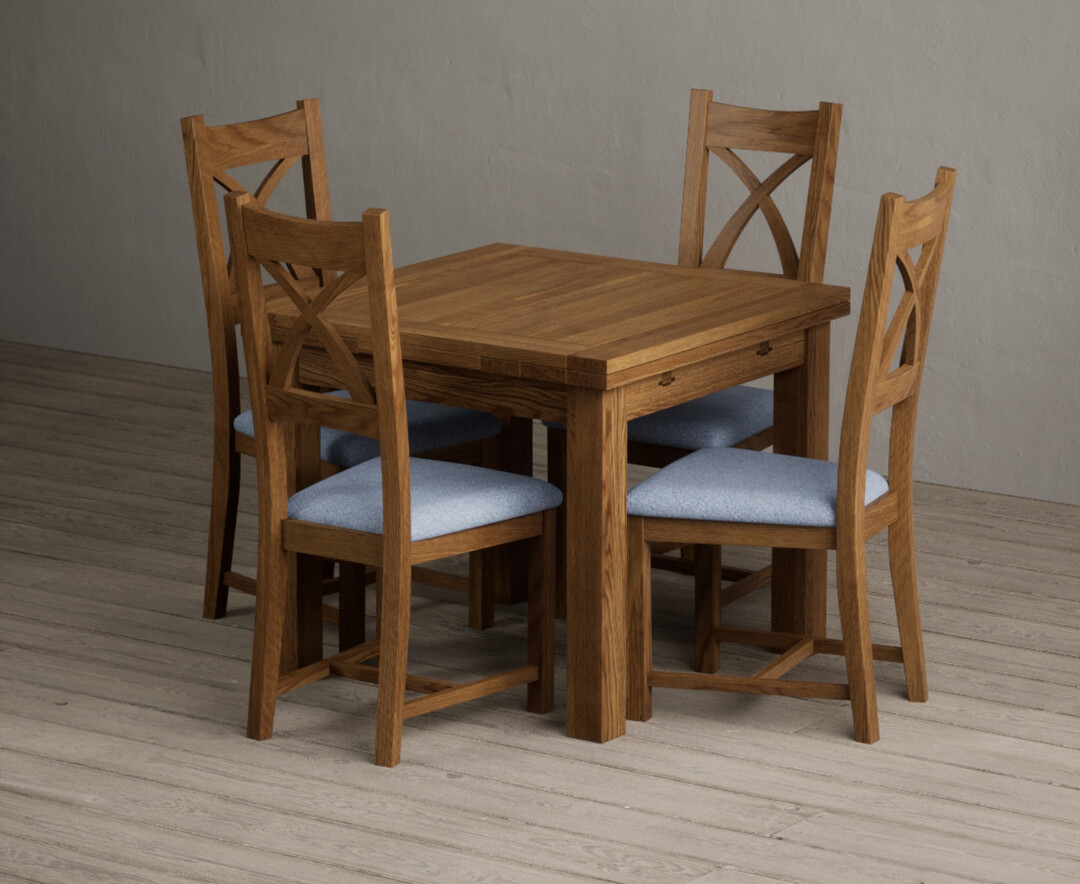 Extending Buxton 90cm Rustic Solid Oak Dining Table with 4 Light Grey Rustic Solid Oak Chairs