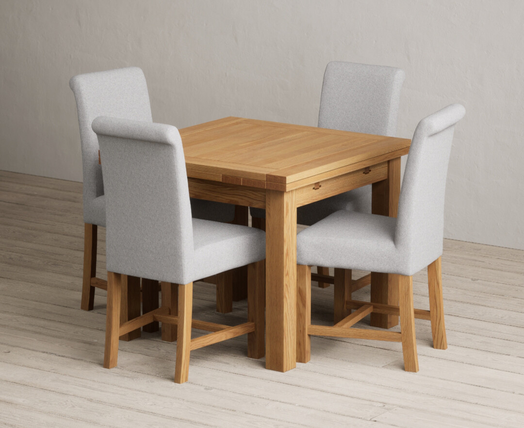 Extending Buxton 90cm Solid Oak Dining Table with 4 Grey Braced Chairs