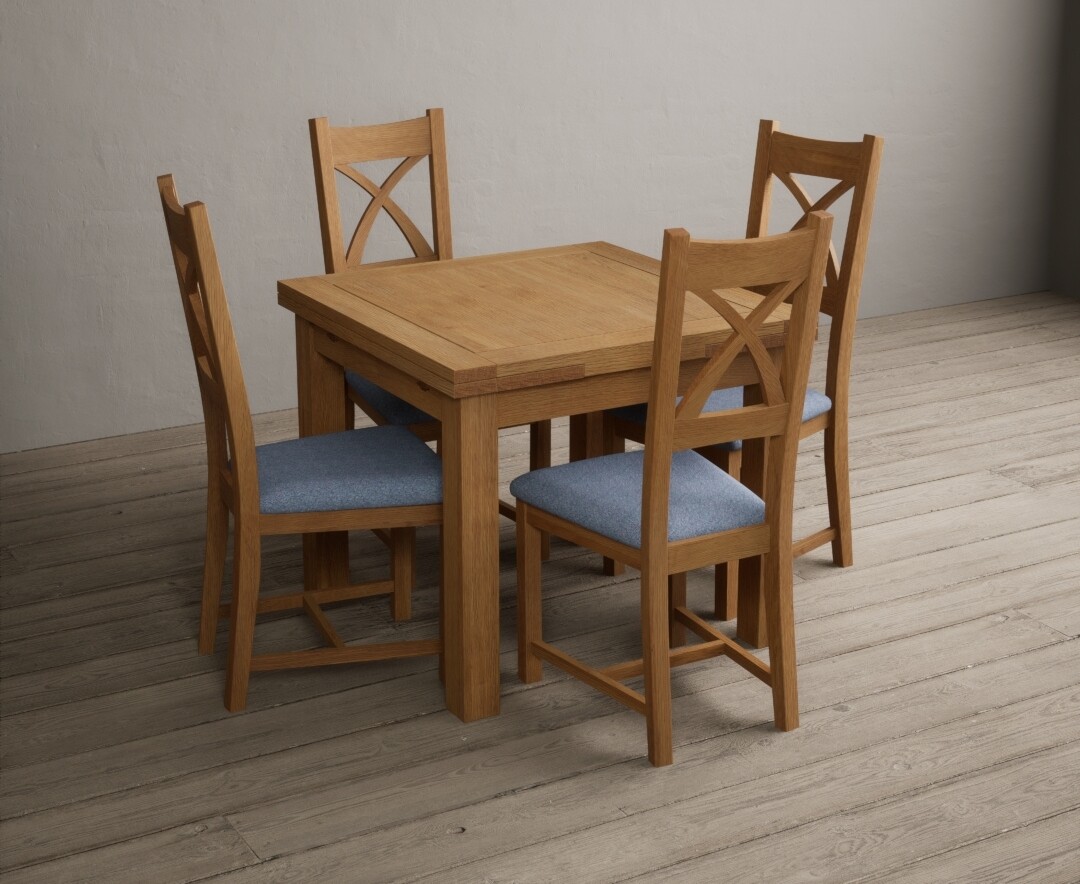 Extending Buxton 90cm Solid Oak Dining Table with 4 Light Grey Natural Solid Oak Chairs