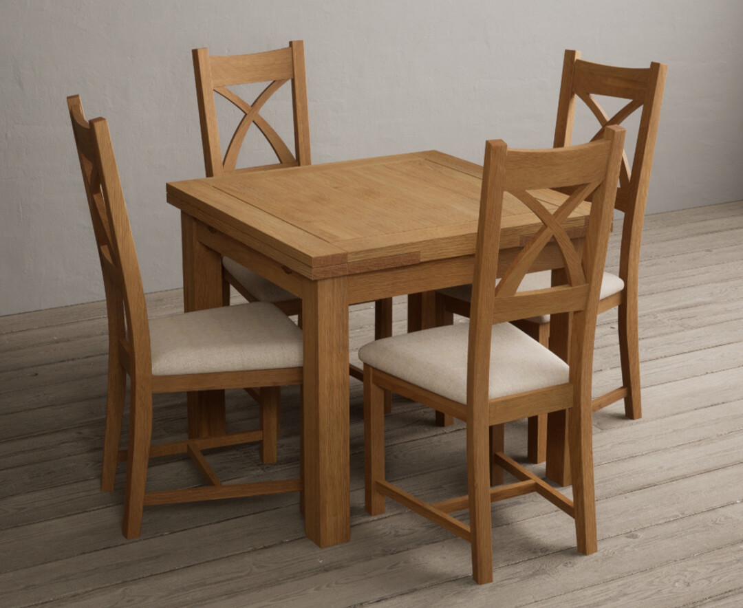 Extending Buxton 90cm Solid Oak Dining Table with 4 Linen Natural Solid Oak Chairs
