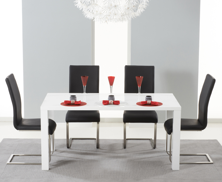 Seattle 160cm White High Gloss Dining Table with 6 Black Austin Chairs