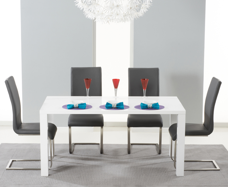 Seattle 160cm White High Gloss Dining Table With 4 Grey Austin Chairs