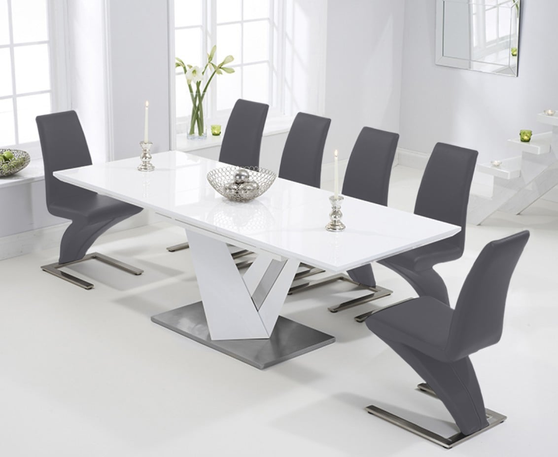 Extending Santino 160cm White High Gloss Dining Table with 10 White Aldo Chairs