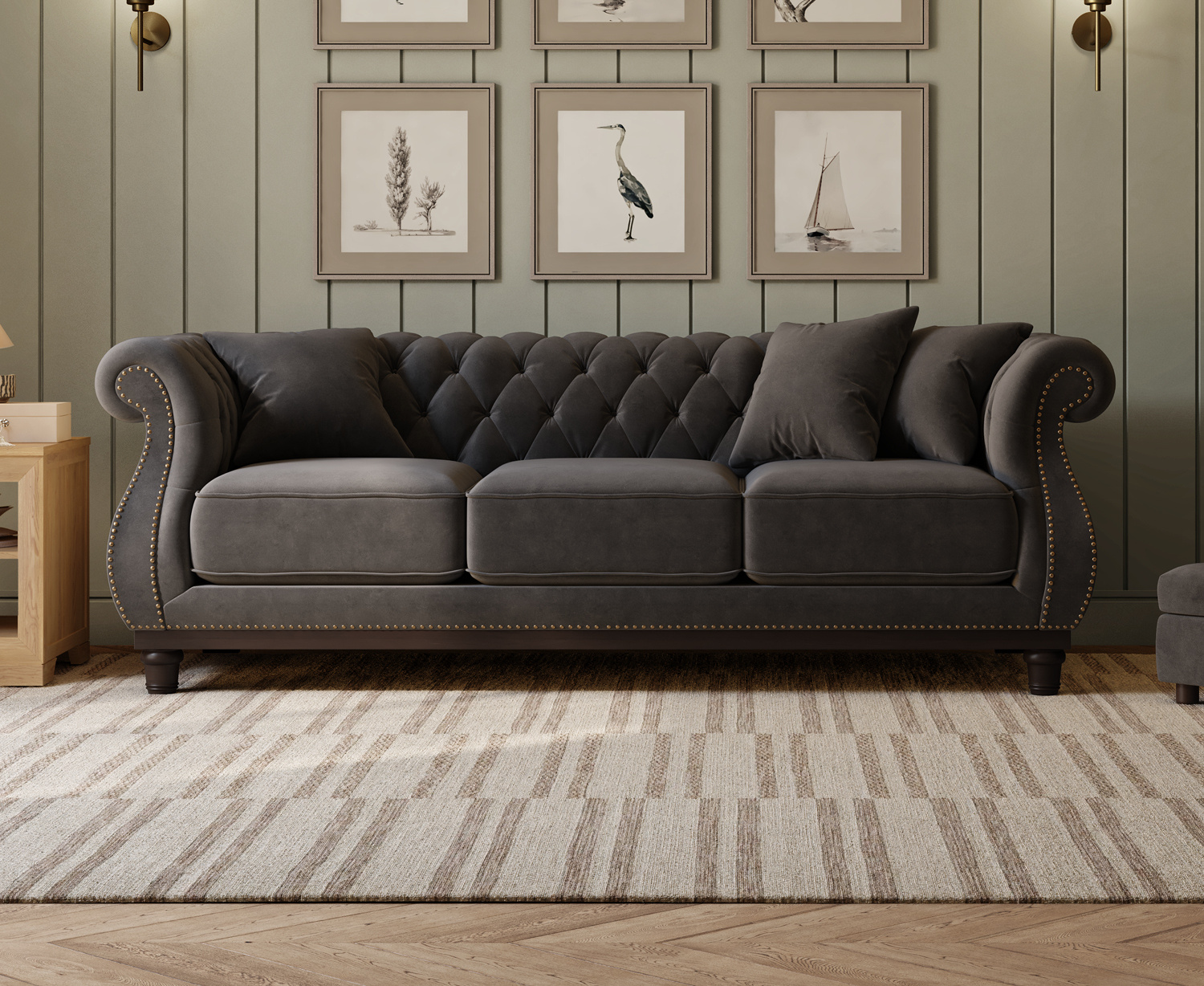 Harrow Chesterfield Dark Grey Velvet 3 Seater Sofa