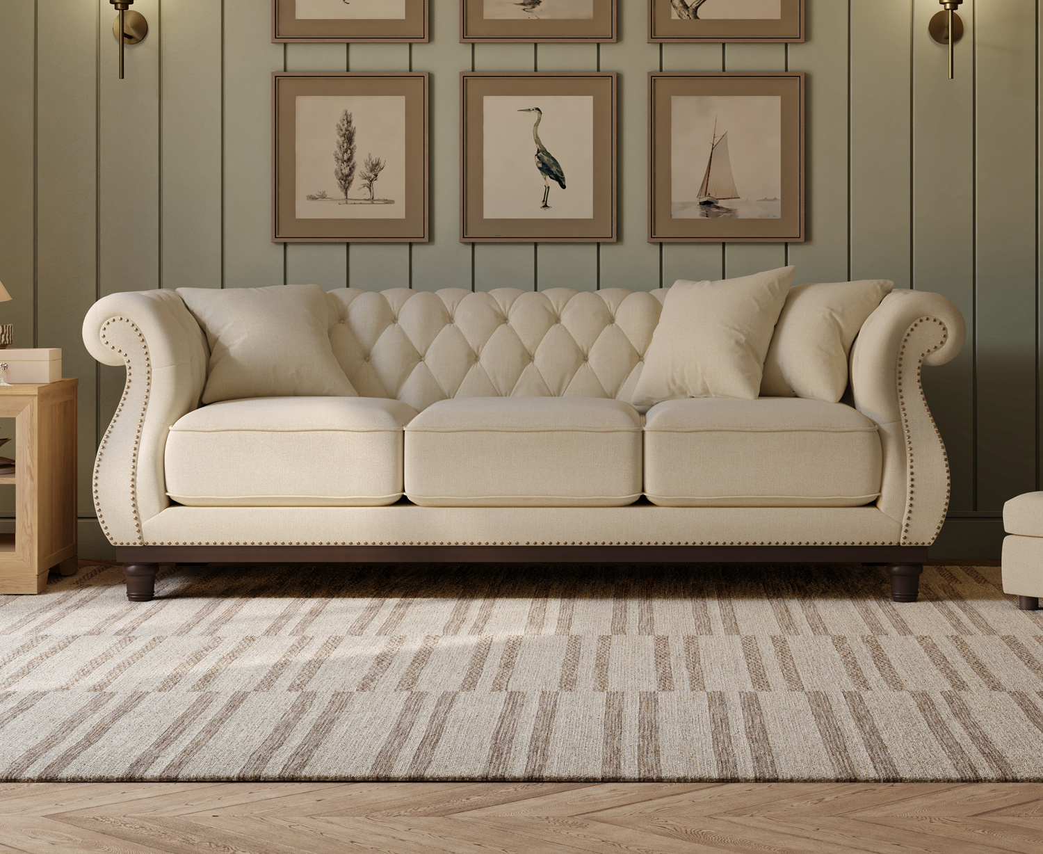 Harrow Chesterfield Ivory Linen Fabric 3 Seater Sofa