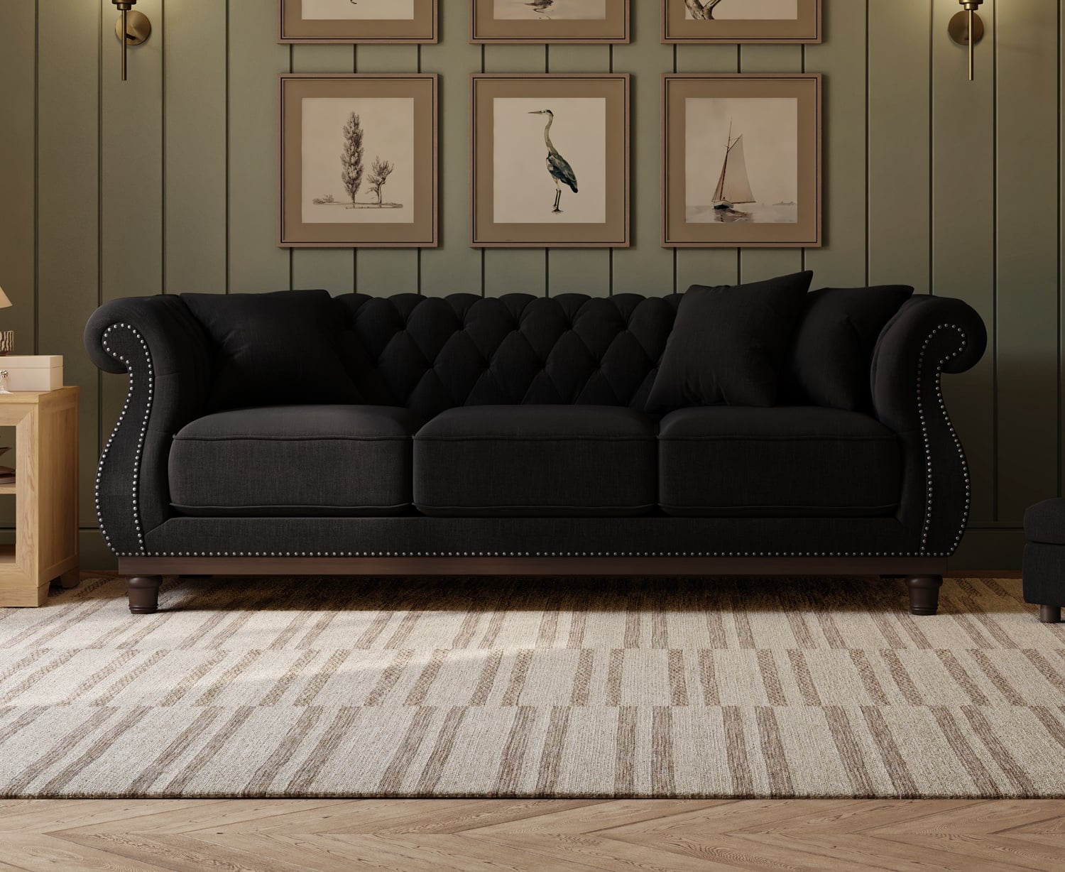 Harrow Chesterfield Black Linen Fabric 2 Seater Sofa