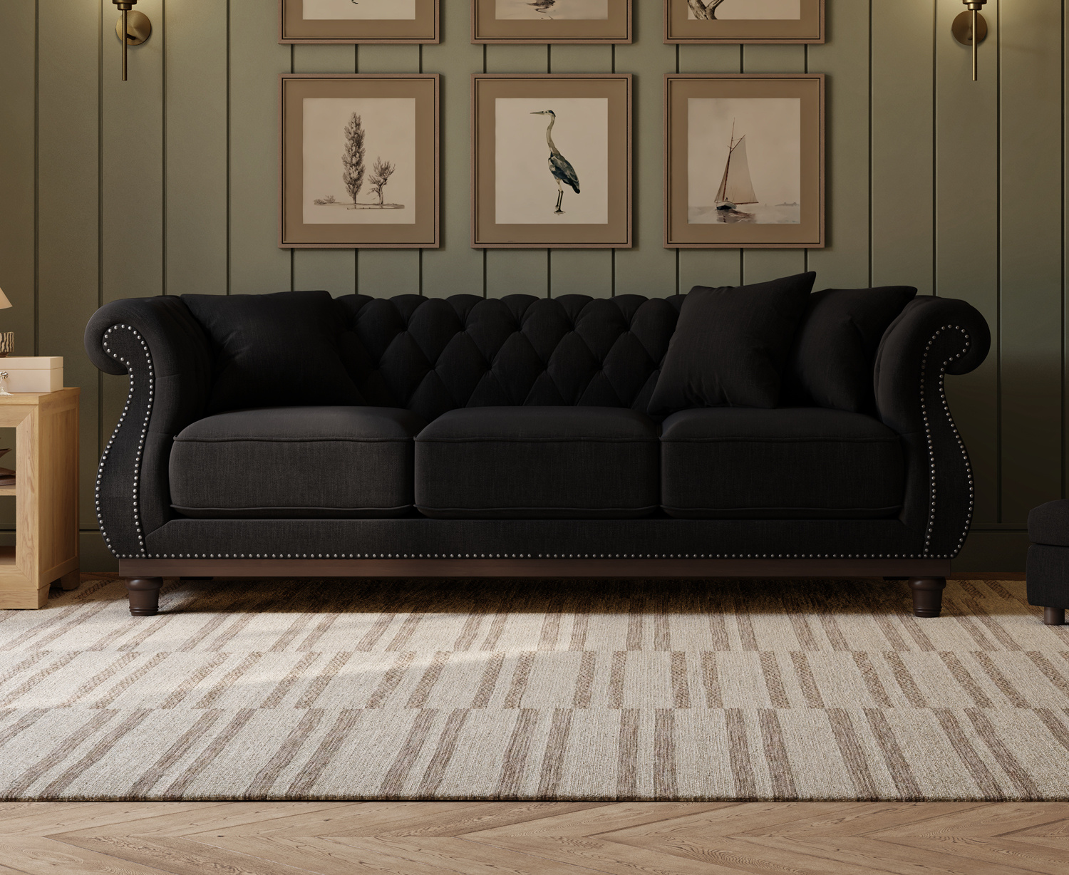 Harrow Chesterfield Black Linen Fabric 3 Seater Sofa