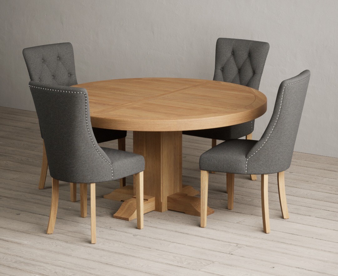 Helmsley 150cm Round Oak Dining Table With 6 Grey Beatrix Chairs