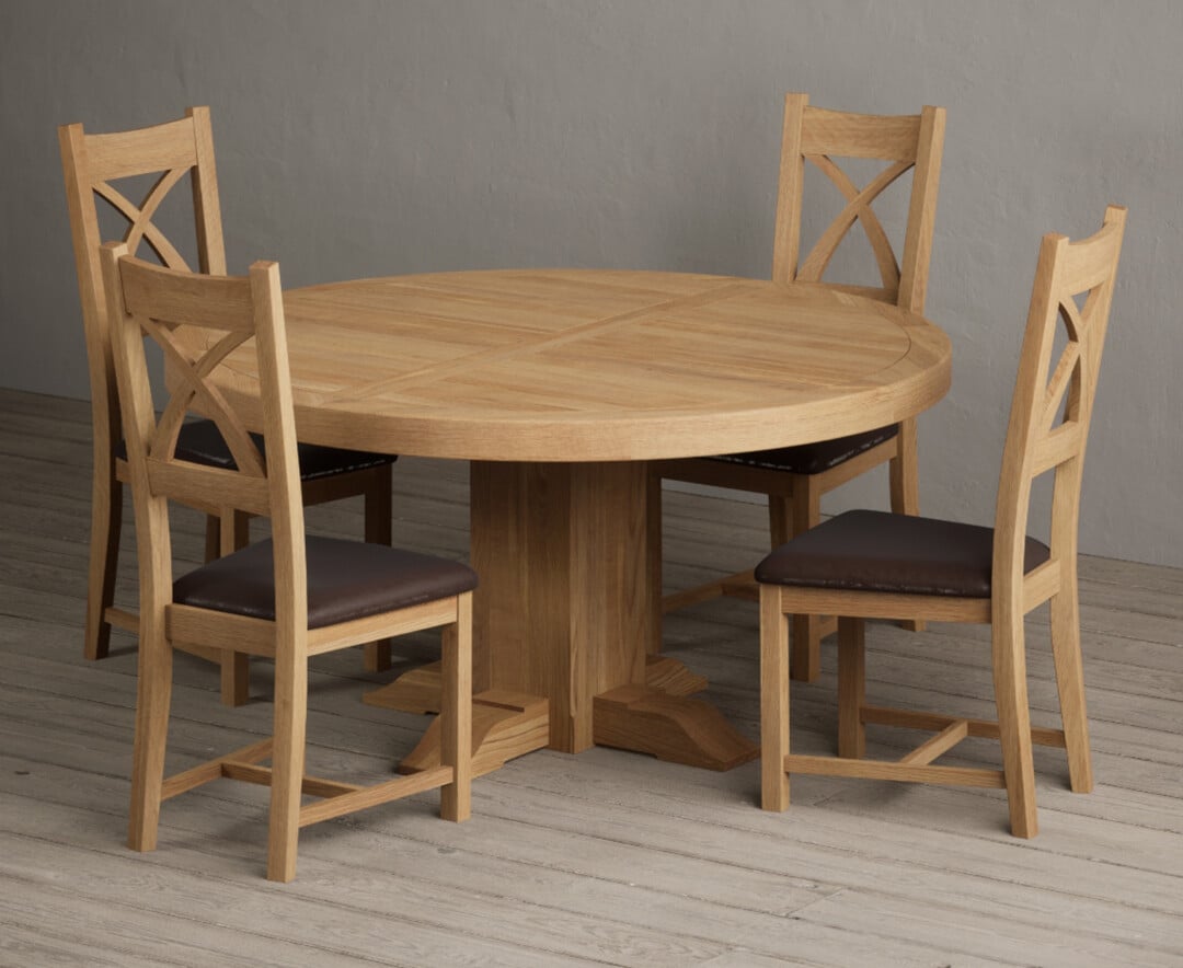 Helmsley 150cm Round Oak Dining Table with 8 Brown Natural Solid Oak Chairs