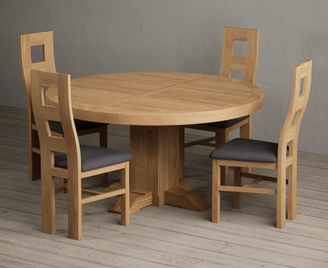 Helmsley 150cm Round Oak Dining Table with 8 Brown Natural Solid Oak Chairs