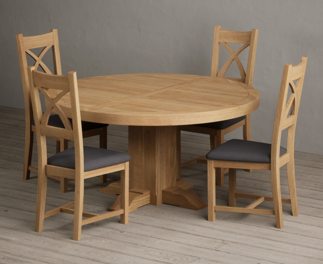Helmsley 150cm Round Oak Dining Table with 8 Brown Natural Solid Oak Chairs
