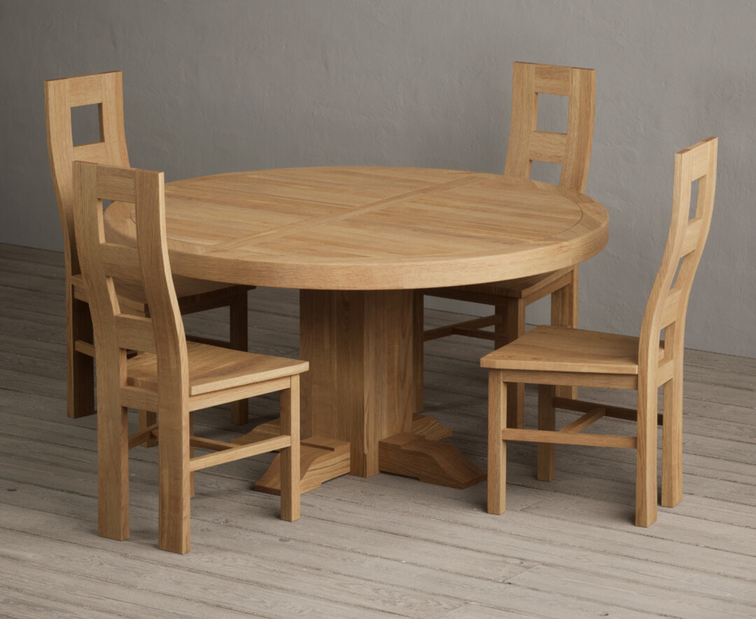Helmsley 150cm Round Oak Dining Table with 8 Brown Natural Solid Oak Chairs