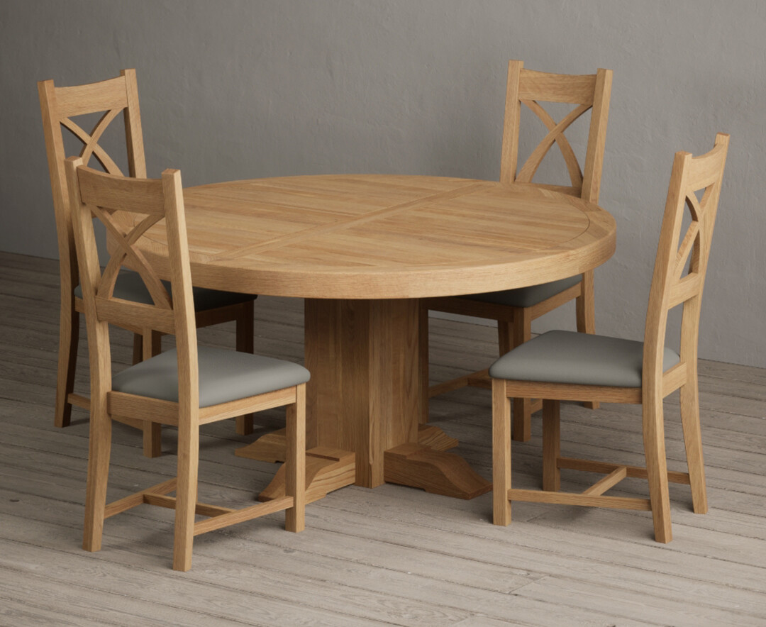Helmsley 150cm Round Oak Dining Table with 6 Grey Natural Solid Oak Chairs