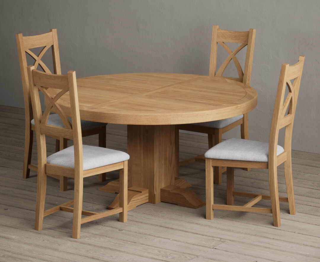 Helmsley 150cm Round Oak Dining Table with 8 Brown Natural Solid Oak Chairs