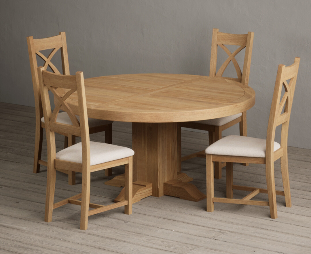Helmsley 150cm Round Oak Dining Table With 8 Blue Natural Solid Oak Chairs