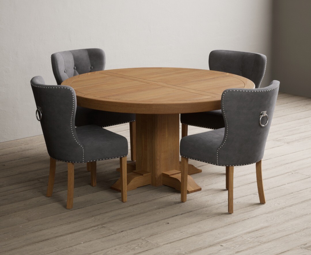 Helmsley 150cm Round Oak Dining Table With 4 Grey Keswick Chairs