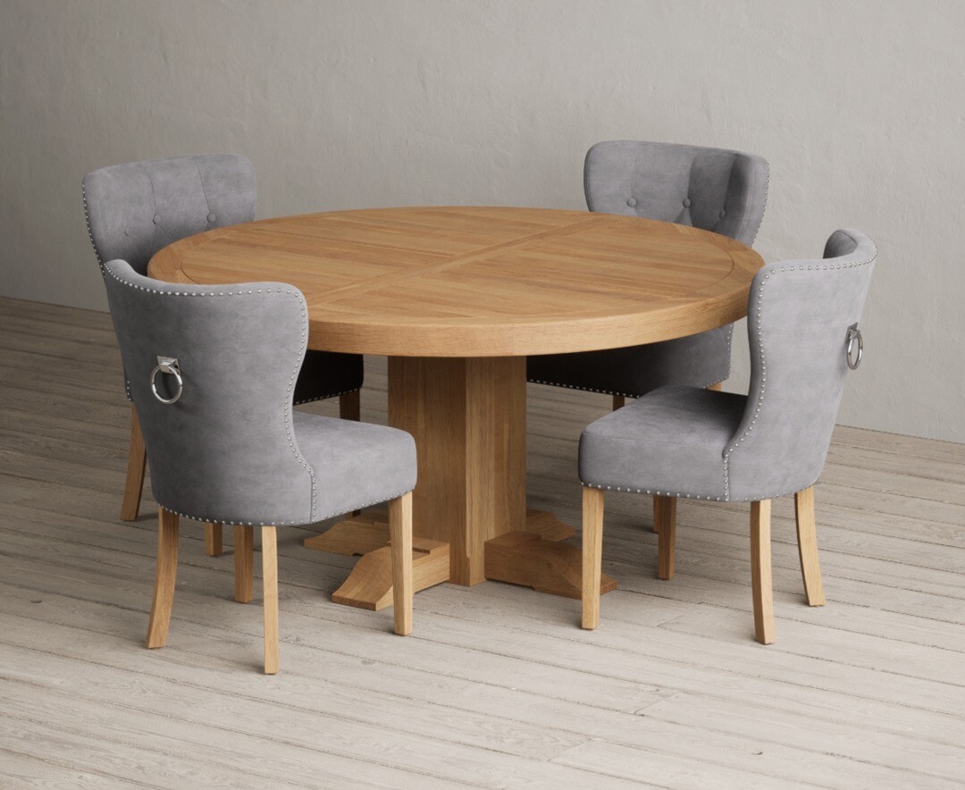 Helmsley 150cm Round Oak Dining Table With 8 Grey Keswick Chairs