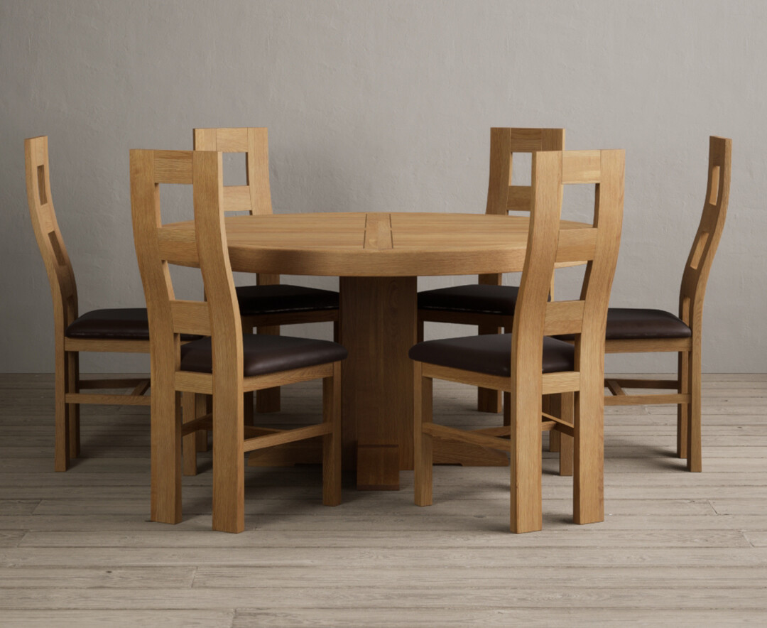 Helmsley 150cm Round Oak Dining Table with 8 Brown Natural Solid Oak Chairs