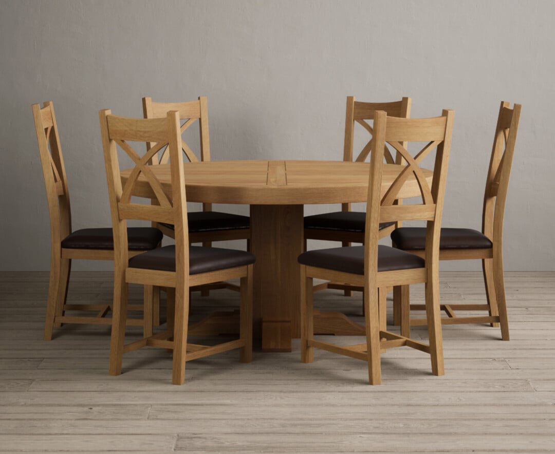 Helmsley 150cm Round Oak Dining Table with 8 Brown Natural Solid Oak Chairs