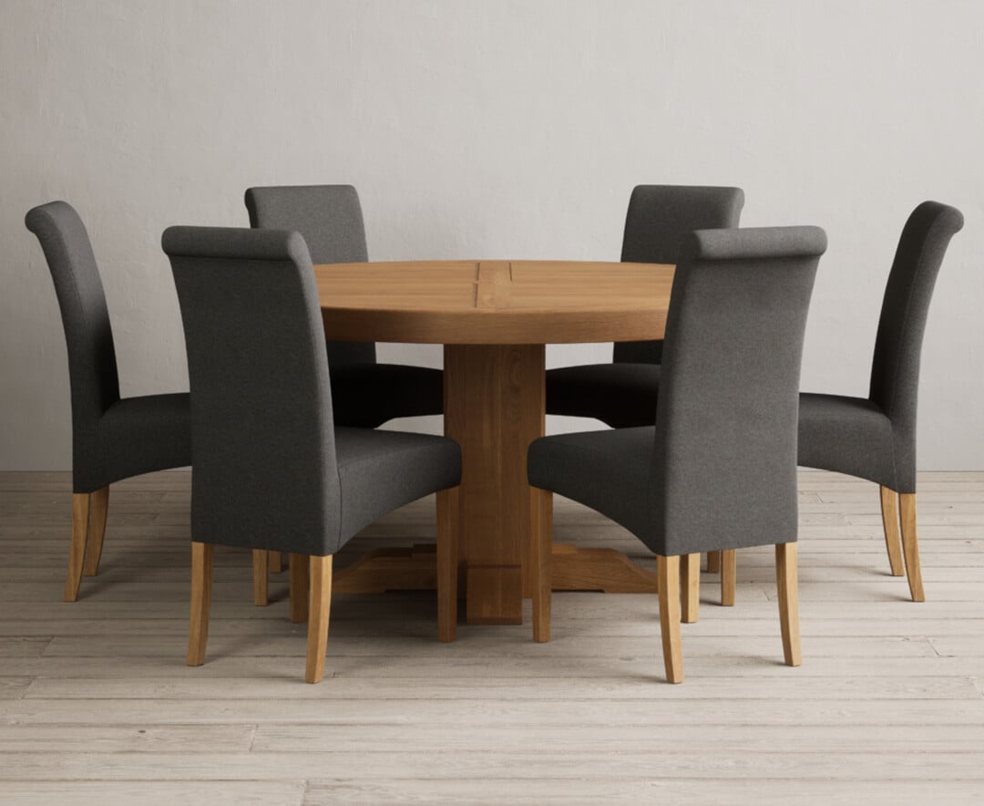 Helmsley 150cm Round Oak Dining Table with 6 Natural Scroll Back Chairs