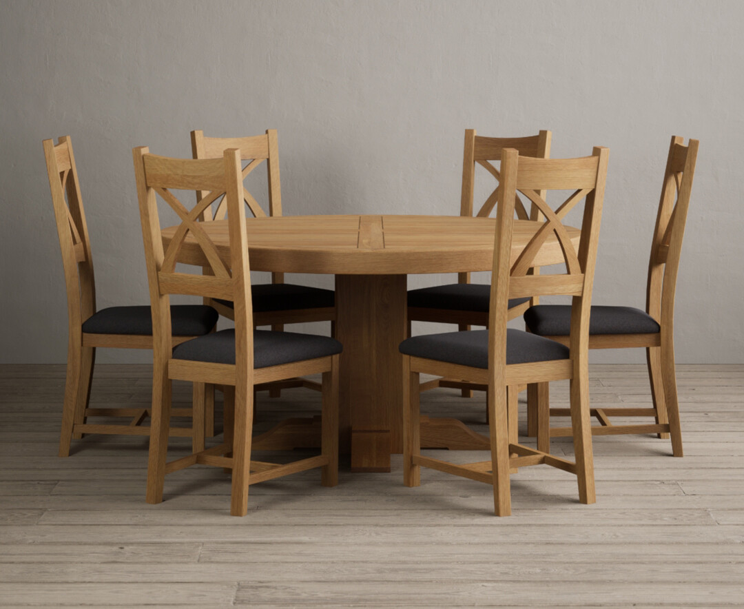 Helmsley 150cm Round Oak Dining Table with 8 Brown Natural Solid Oak Chairs