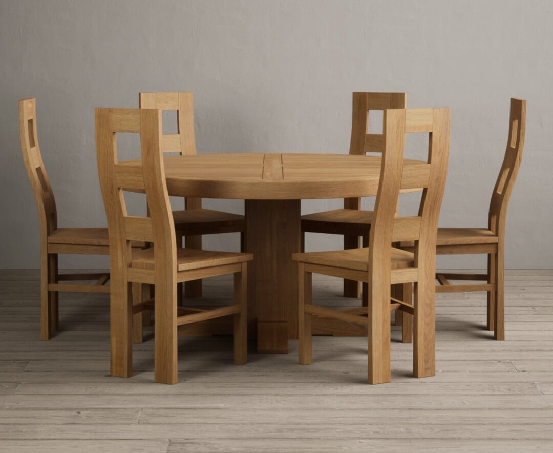 Helmsley 150cm Round Oak Dining Table with 8 Brown Natural Solid Oak Chairs