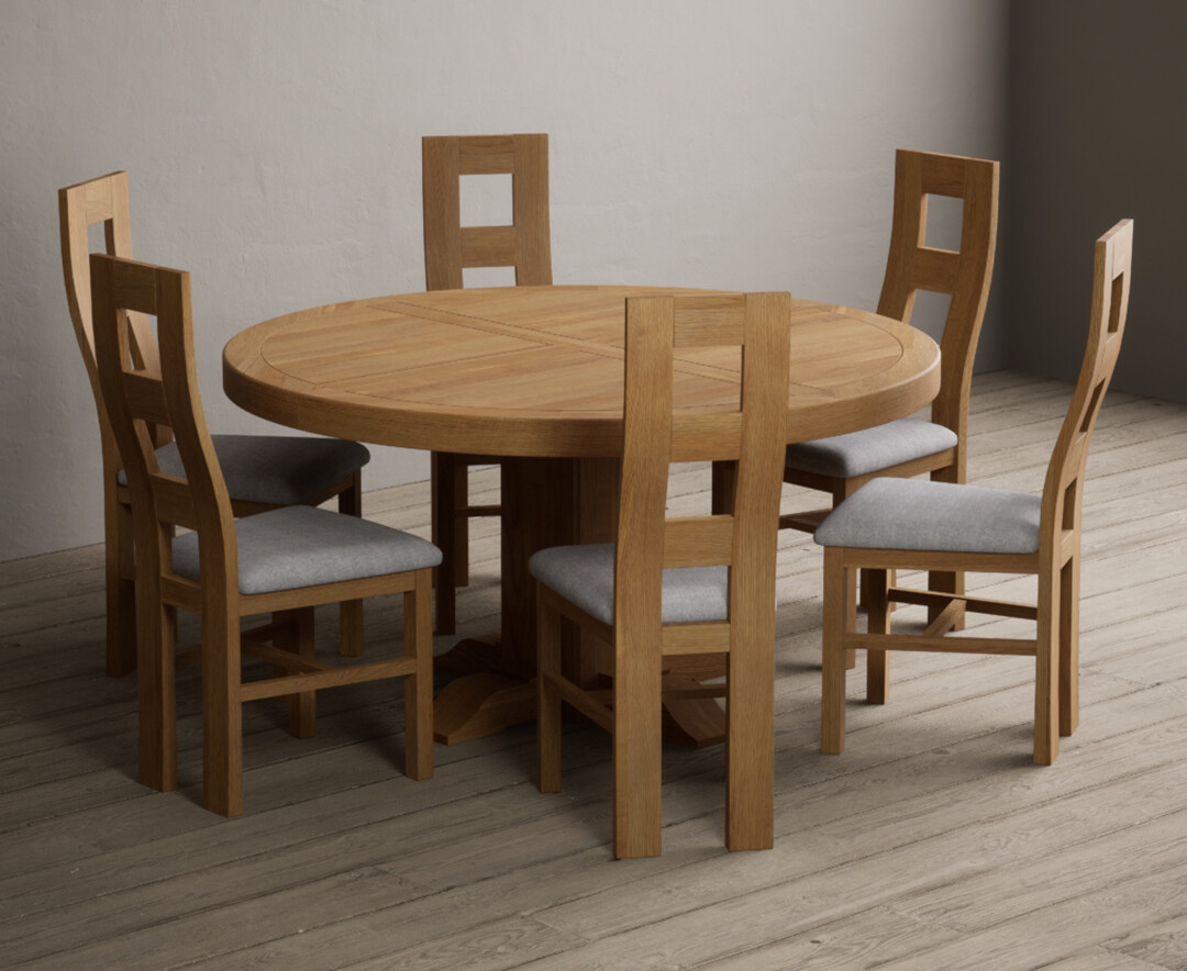 York 150cm Solid Oak Dining Table with 4 Light Grey York Chairs and 2 Oak Benches