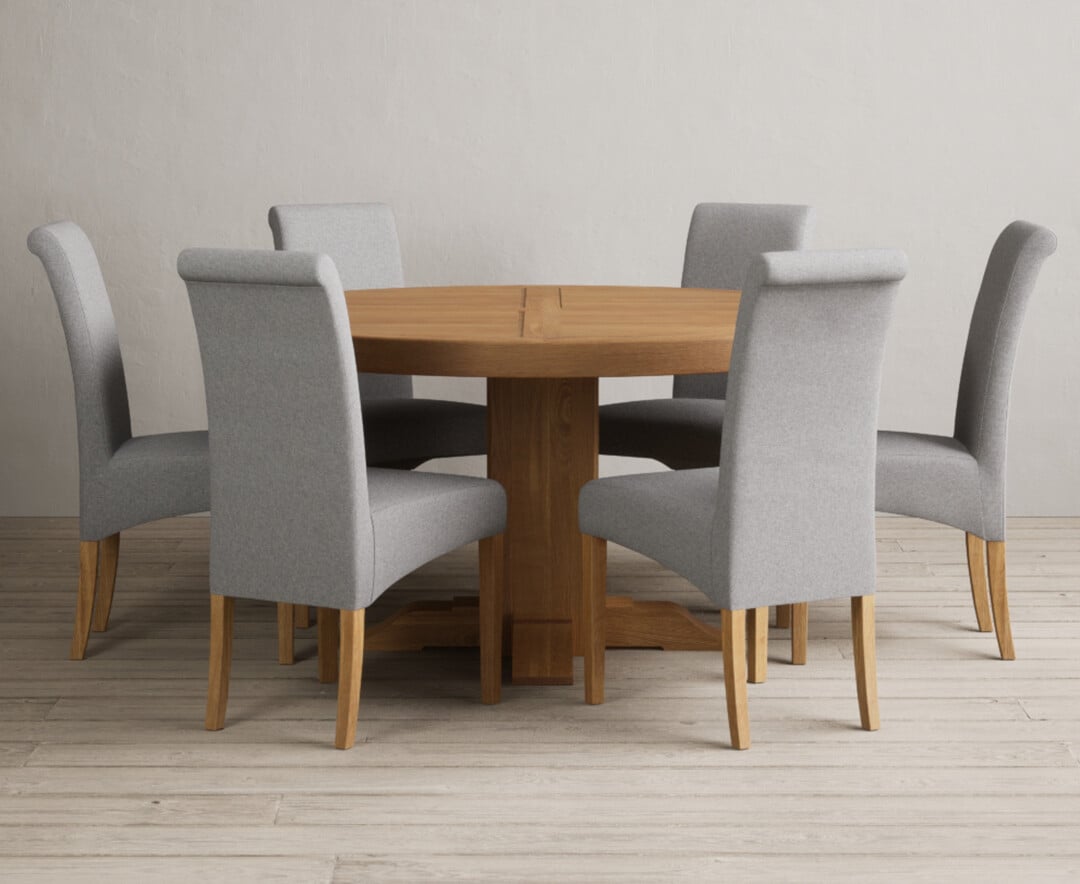 Helmsley 150cm Round Oak Dining Table with 6 Natural Scroll Back Chairs