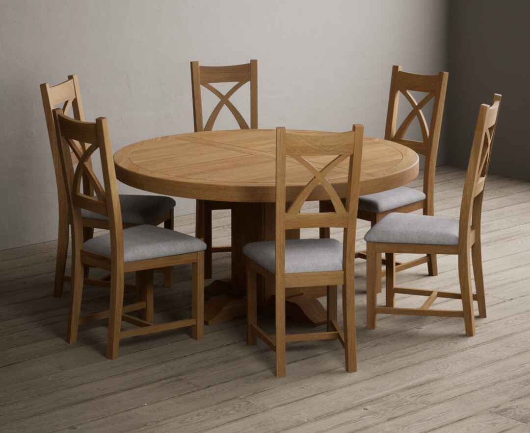 York 150cm Solid Oak Dining Table with 4 Light Grey York Chairs and 2 Oak Benches