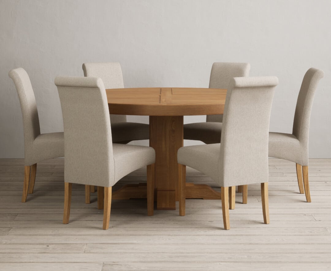 Helmsley 150cm Round Oak Dining Table with 6 Natural Scroll Back Chairs