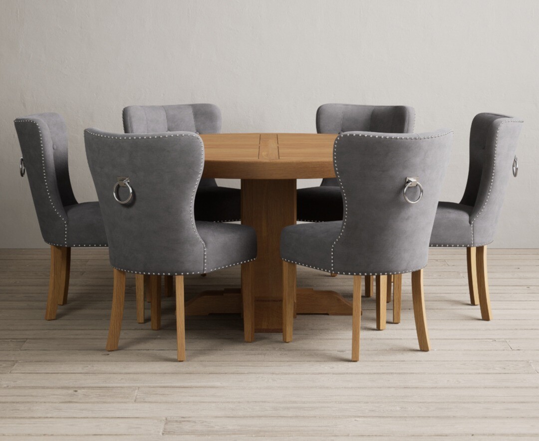 Helmsley 150cm Round Oak Dining Table With 6 Grey Keswick Chairs