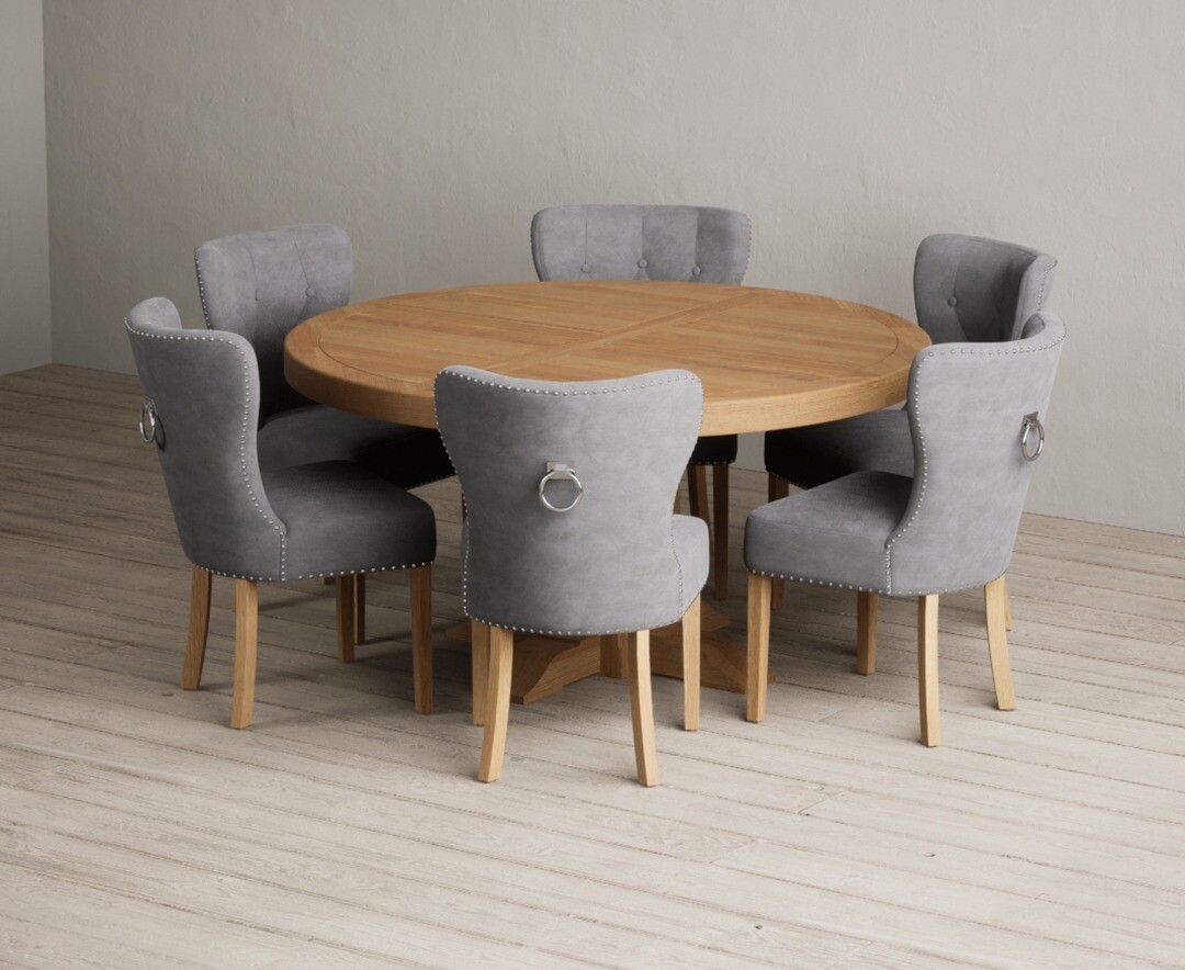 Helmsley 150cm Round Oak Dining Table with 4 Grey Keswick Chairs
