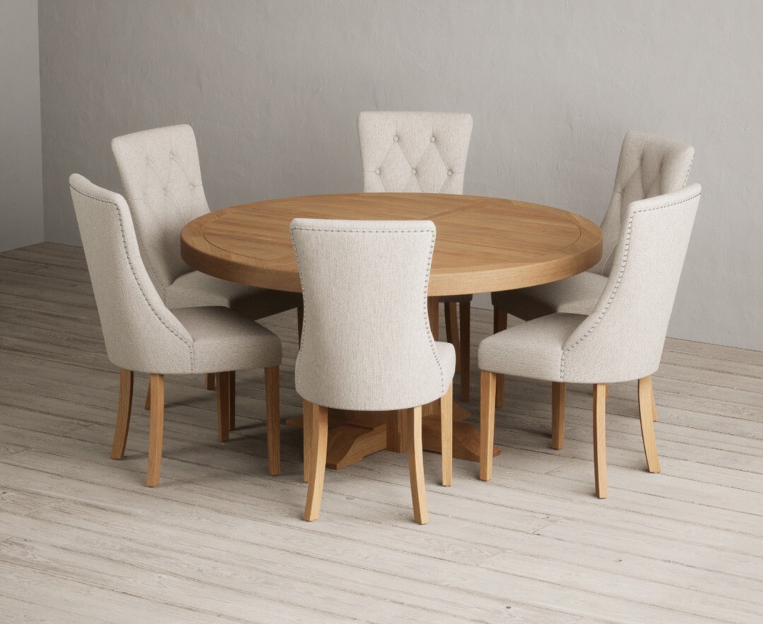 Helmsley 150cm Round Oak Dining Table With 6 Natural Beatrix Chairs