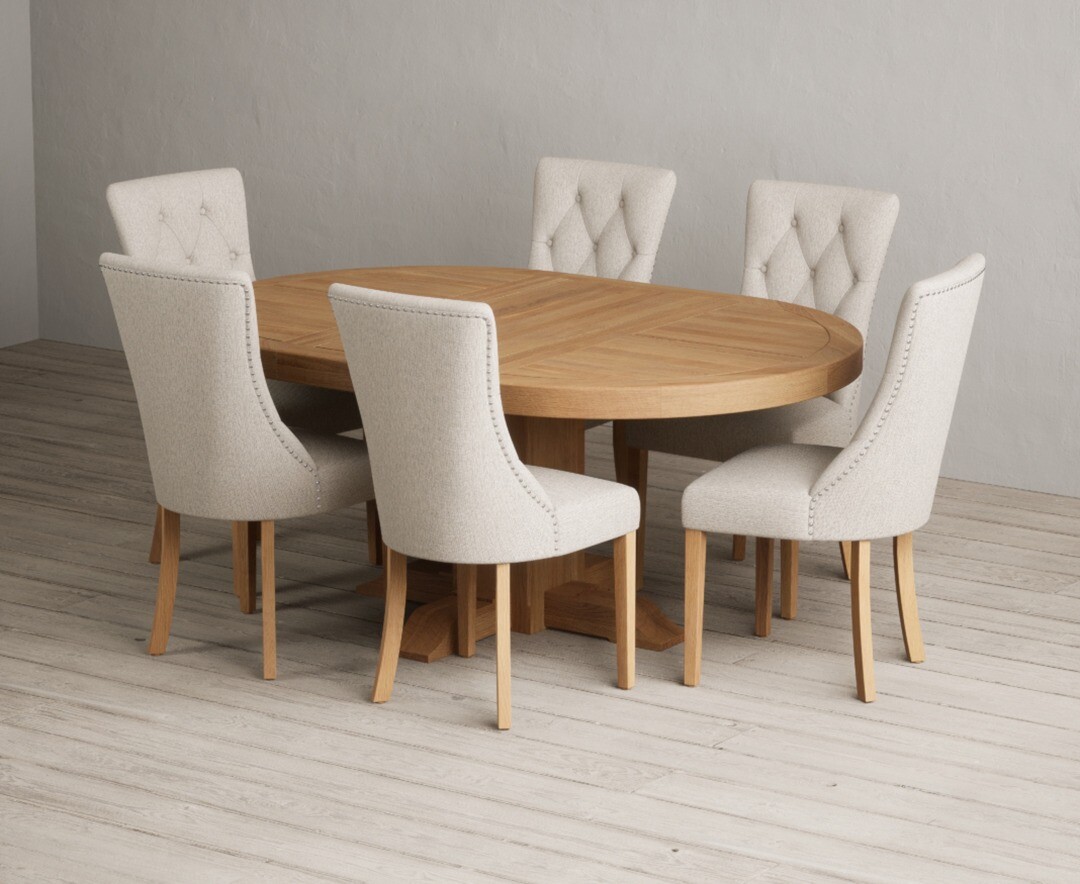 Extending Helmsley Oak Pedestal Dining Table with 6 Natural Beatrix Chairs