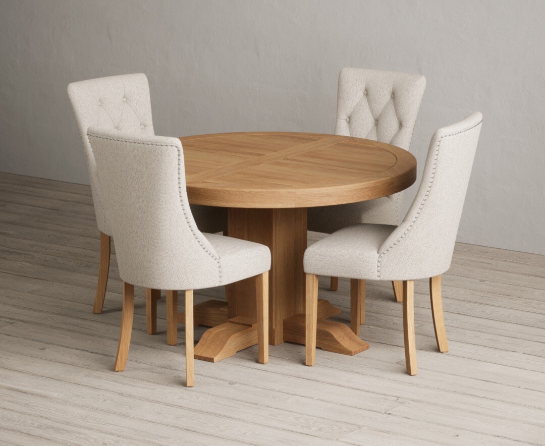 Extending Helmsley Oak Pedestal Dining Table With 6 Grey Beatrix Chairs
