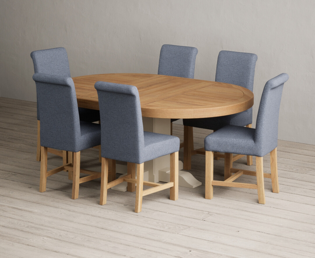 Extending Helmsley Oak and Cream Painted Pedestal Dining Table with 6 Blue Braced Chairs