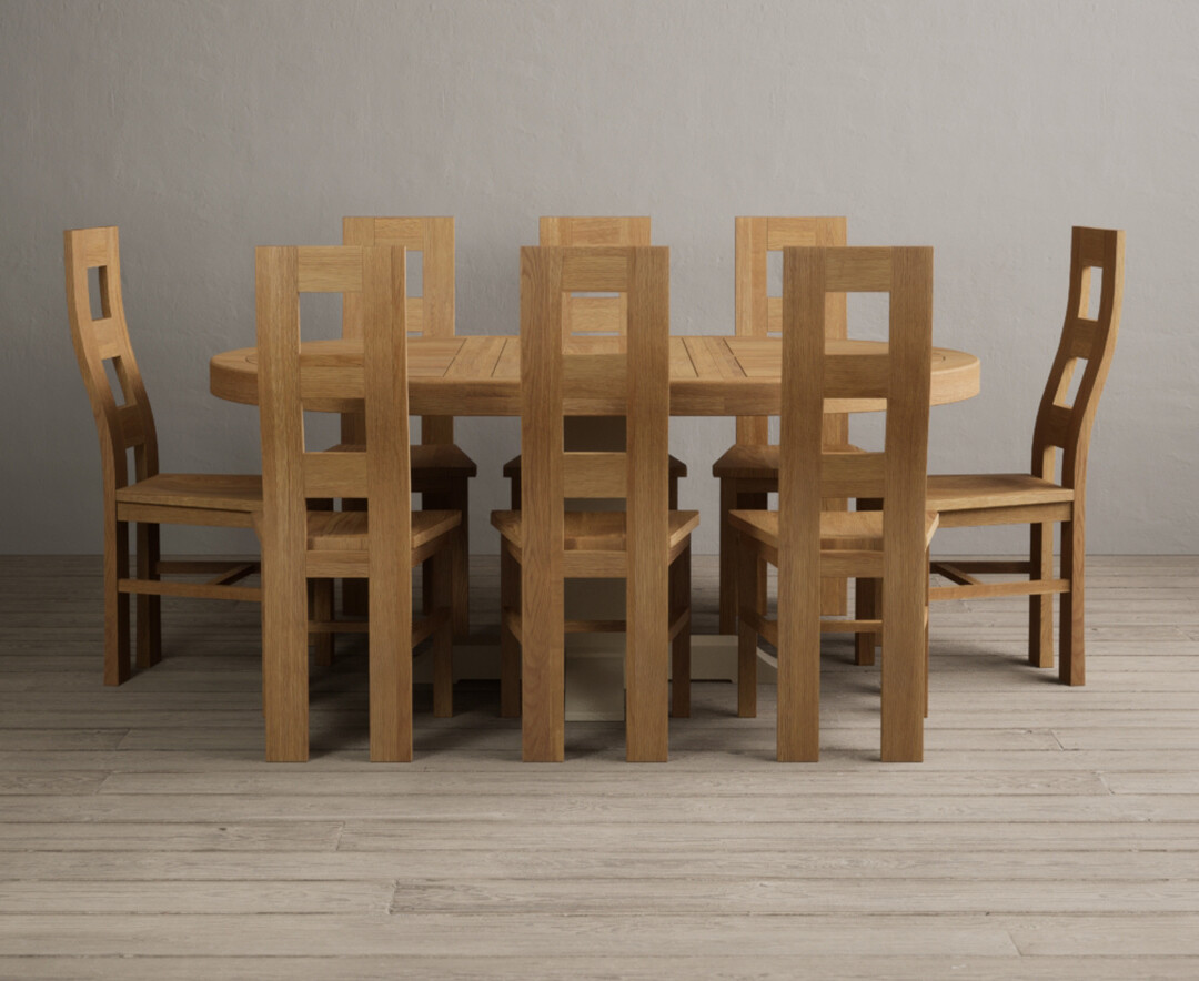 Extending Helmsley Oak and Cream Painted Pedestal Dining Table with 8 Oak Natural Chairs