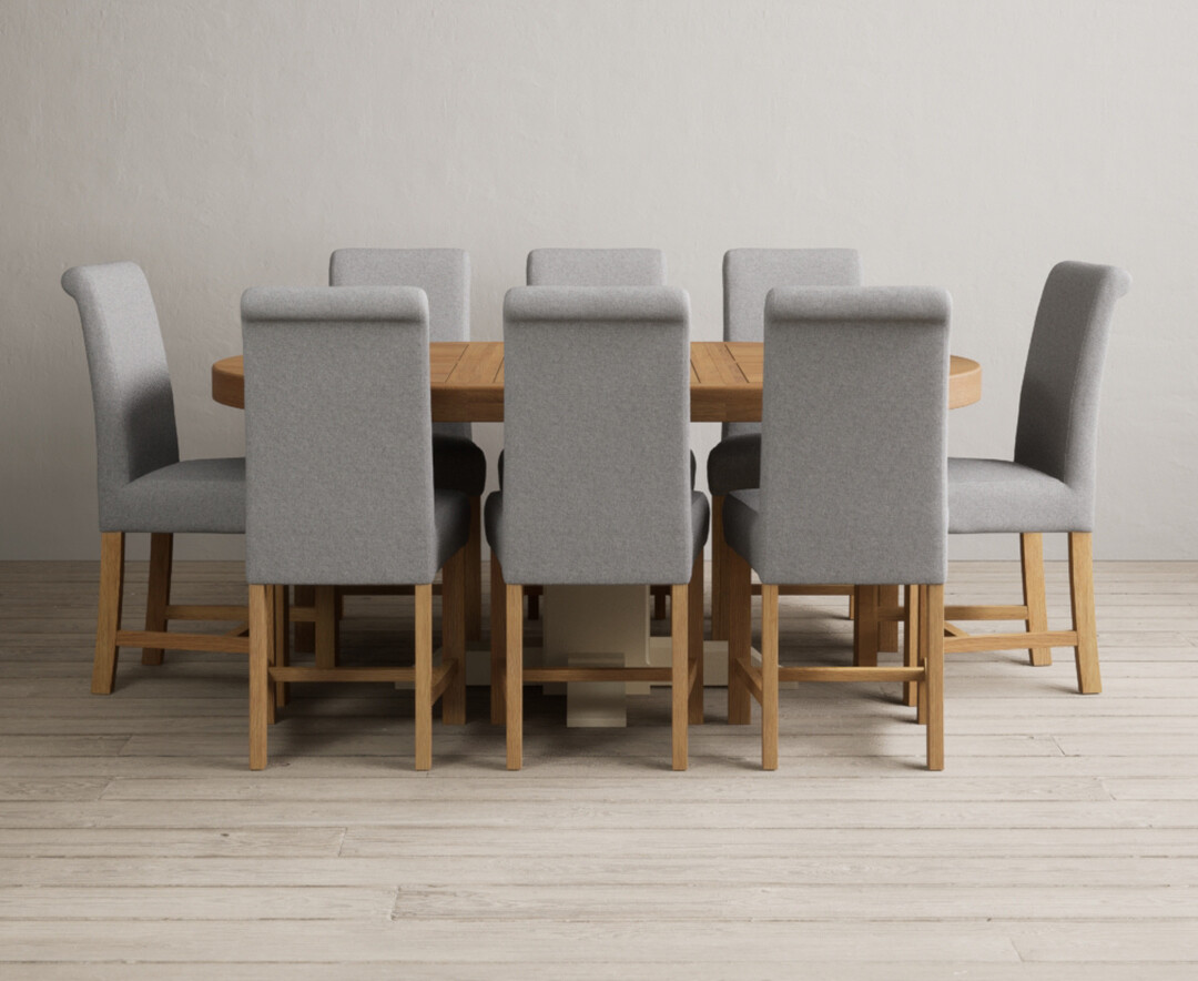 Extending Helmsley Oak and Cream Painted Pedestal Dining Table with 8 Grey Braced Chairs