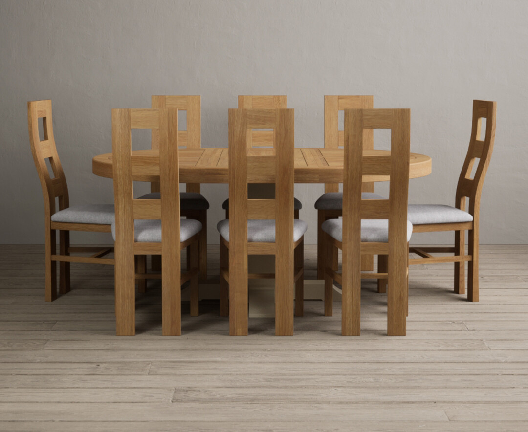 Extending Helmsley Oak and Cream Painted Pedestal Dining Table with 8 Light Grey Natural Chairs