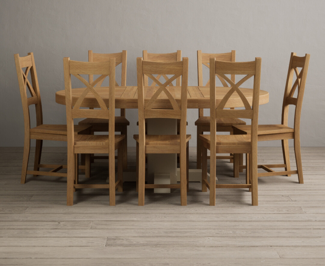 Extending Helmsley Oak and Cream Painted Pedestal Dining Table with 8 Oak Natural Chairs