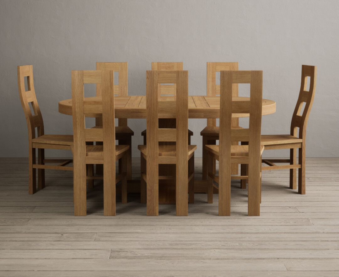 Extending Helmsley Oak Pedestal Dining Table with 8 Oak Natural Chairs