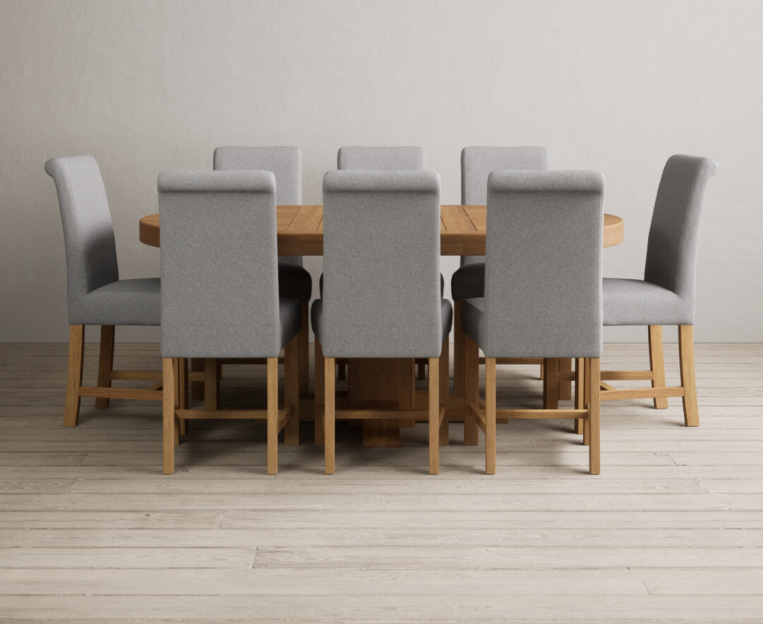 Extending Helmsley Oak Pedestal Dining Table with 8 Grey Braced Chairs