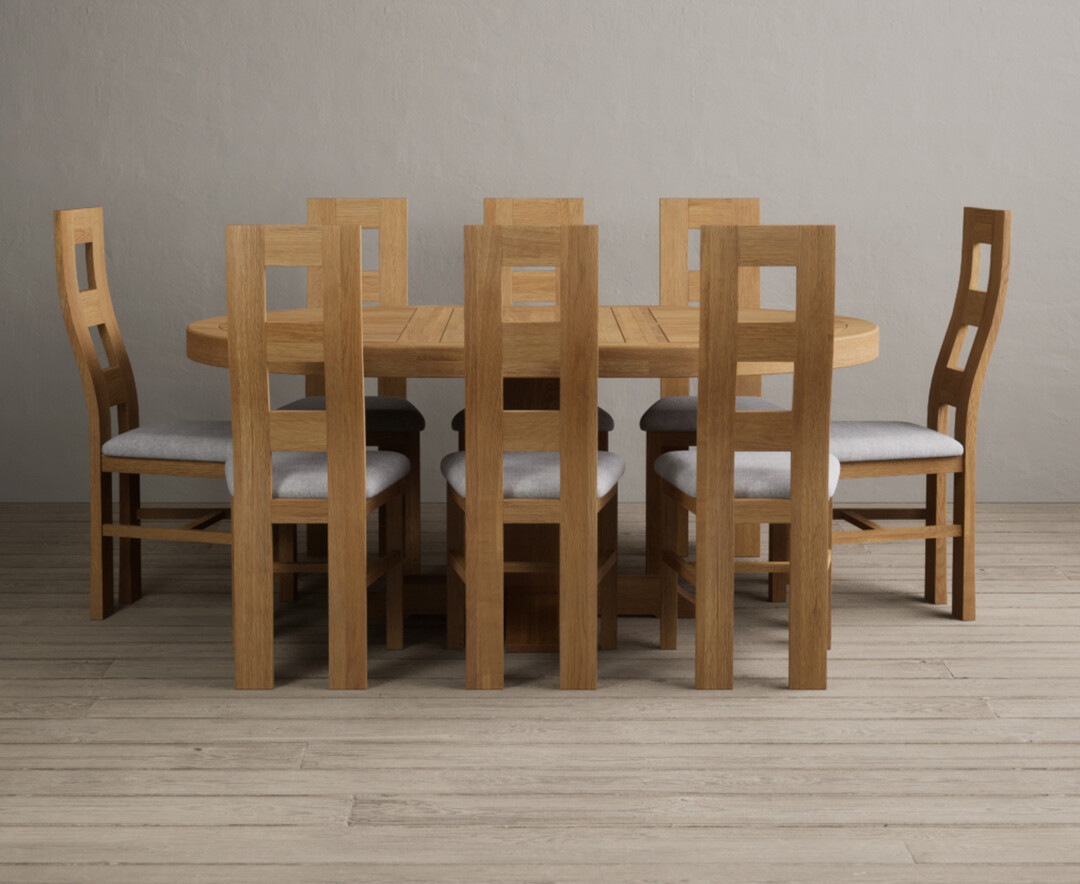 Extending Helmsley Oak Pedestal Dining Table with 8 Light Grey Natural Chairs